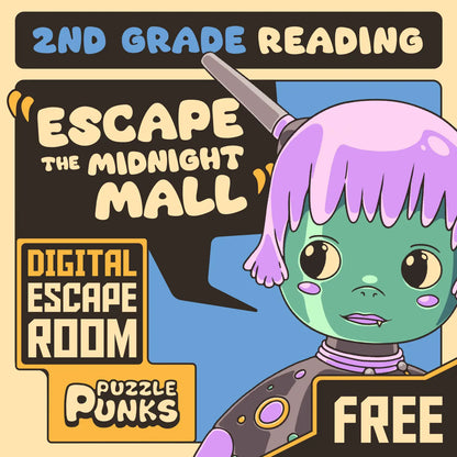 Free digital 2nd grade reading comprehension escape room, with the title "Puzzle Punks: Escape the Midnight Mall."