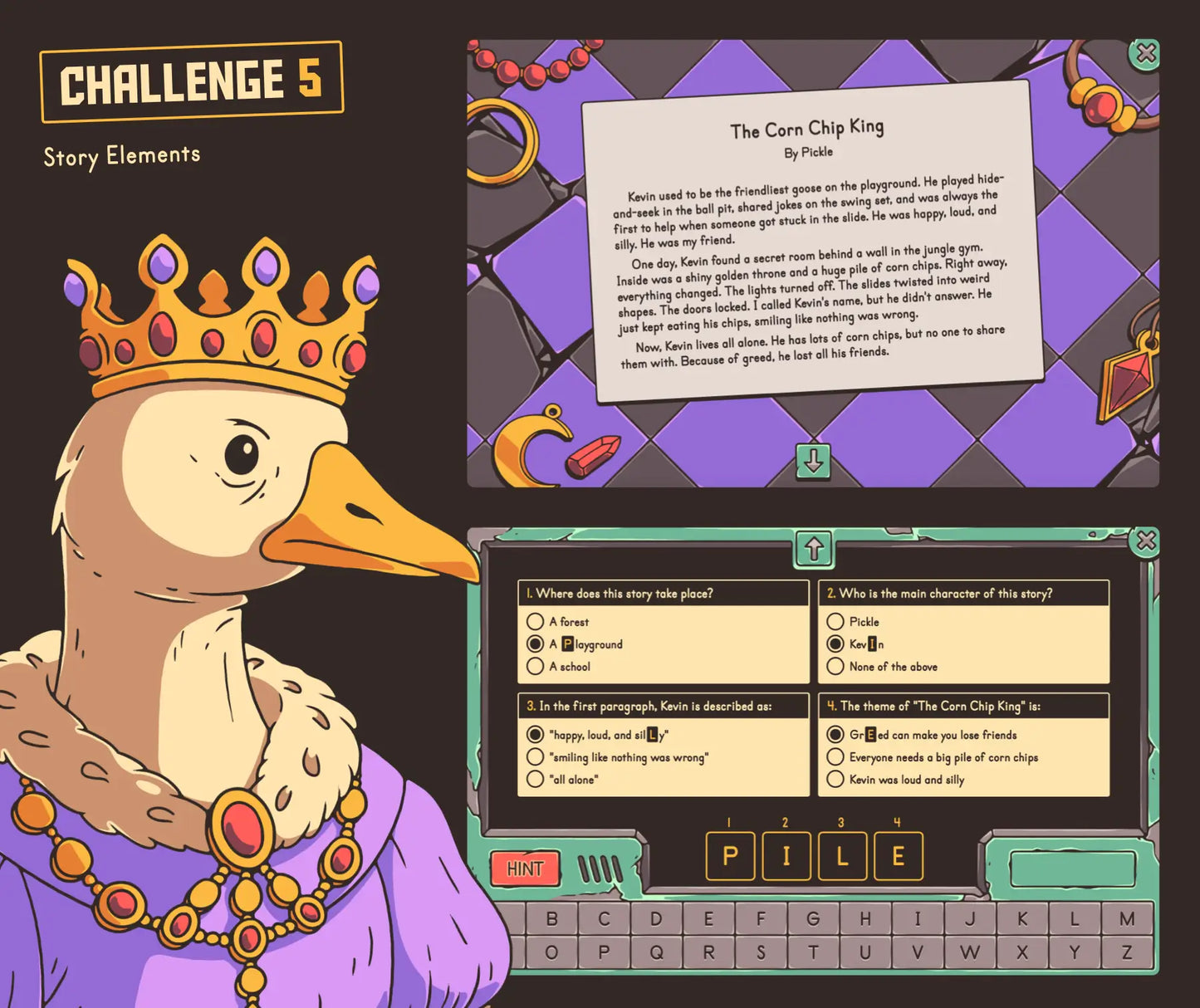 Digital story elements escape room activity for 3rd grade reading, with  short narrative story and multiple-choice section.