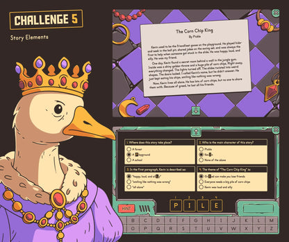 Digital story elements escape room activity for 3rd grade reading, with  short narrative story and multiple-choice section.