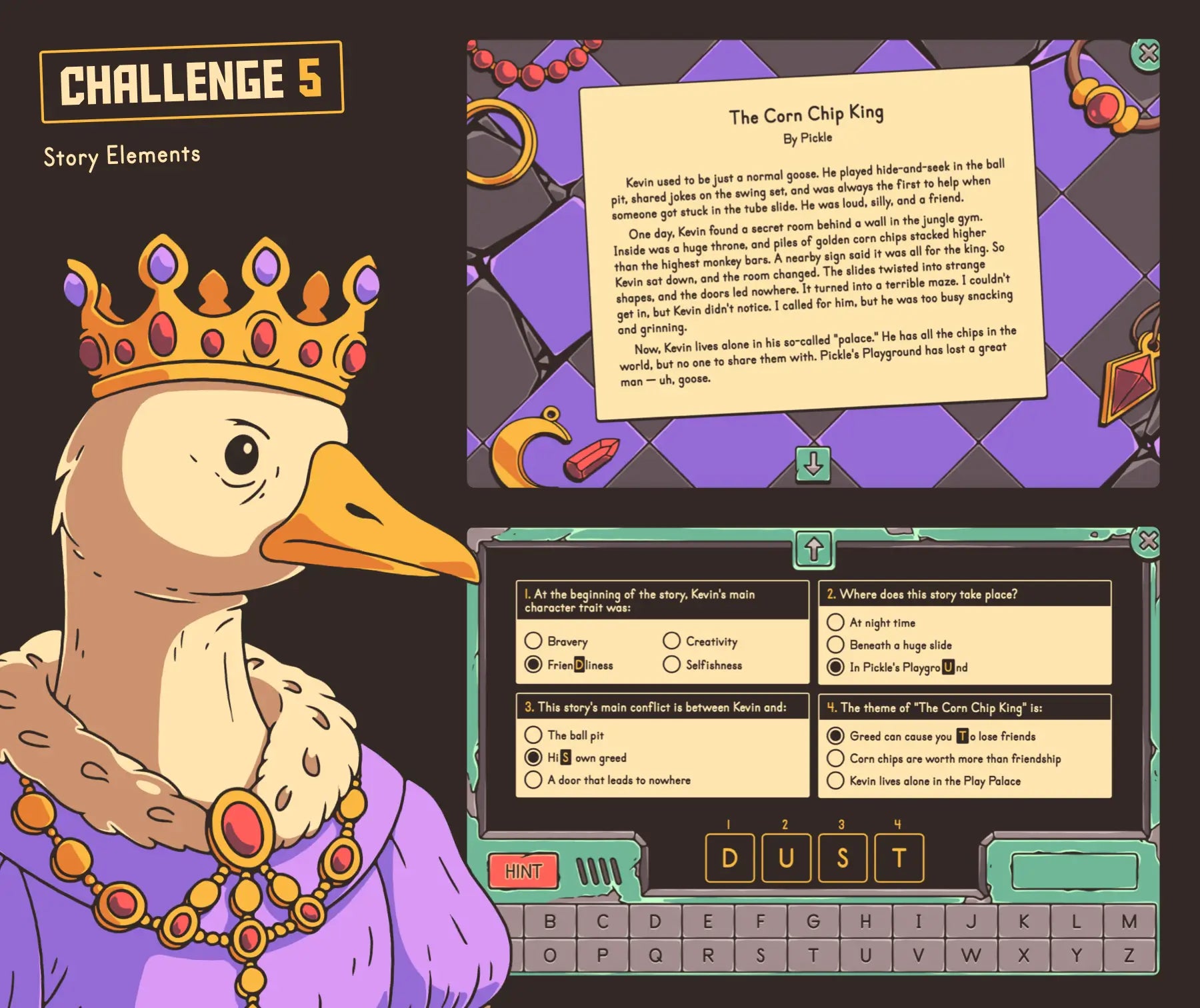 Virtual 4th grade story elements game with a short story and multiple choice quiz.