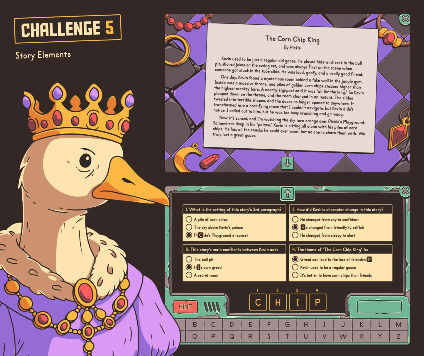 Digital story elements escape room activity for 5th grade reading, with  short narrative story and multiple-choice section.