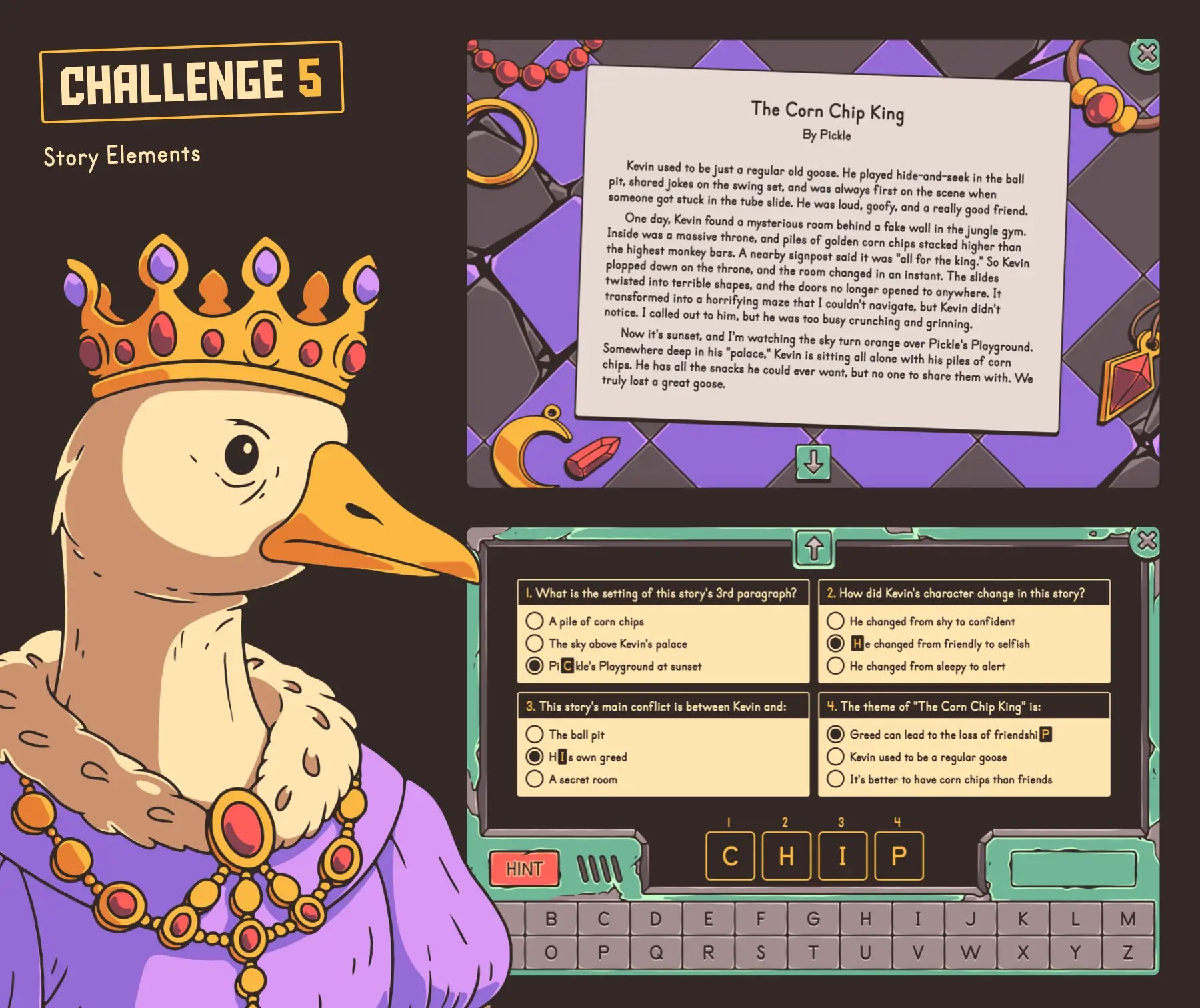 Digital story elements escape room activity for 5th grade reading, with  short narrative story and multiple-choice section.