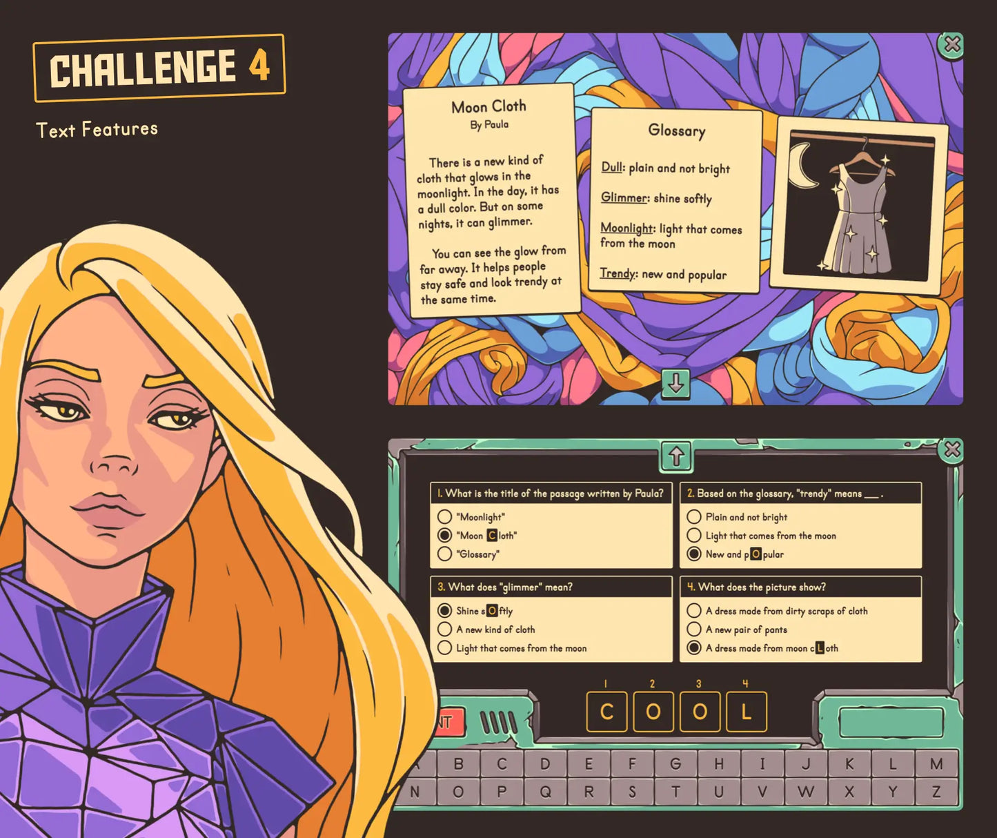 Free digital text features game for 2nd grade reading comprehension, with an index, glossary, and image.