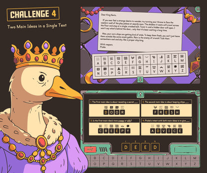 Digital reading escape room challenge focused on two main ideas of a single text, with a cryptogram and secret code.