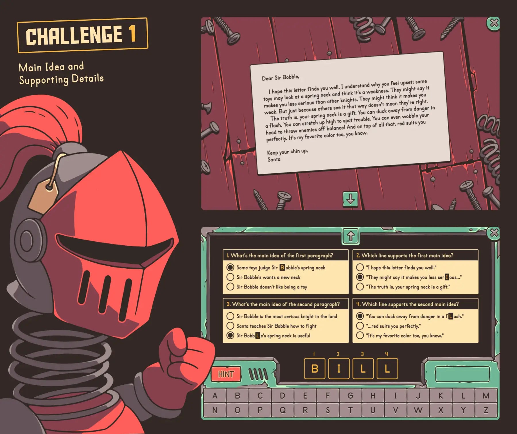 Virtual Christmas main idea and supporting details escape room activity with a 5th grade reading comprehension passage and multiple-choice quiz.
