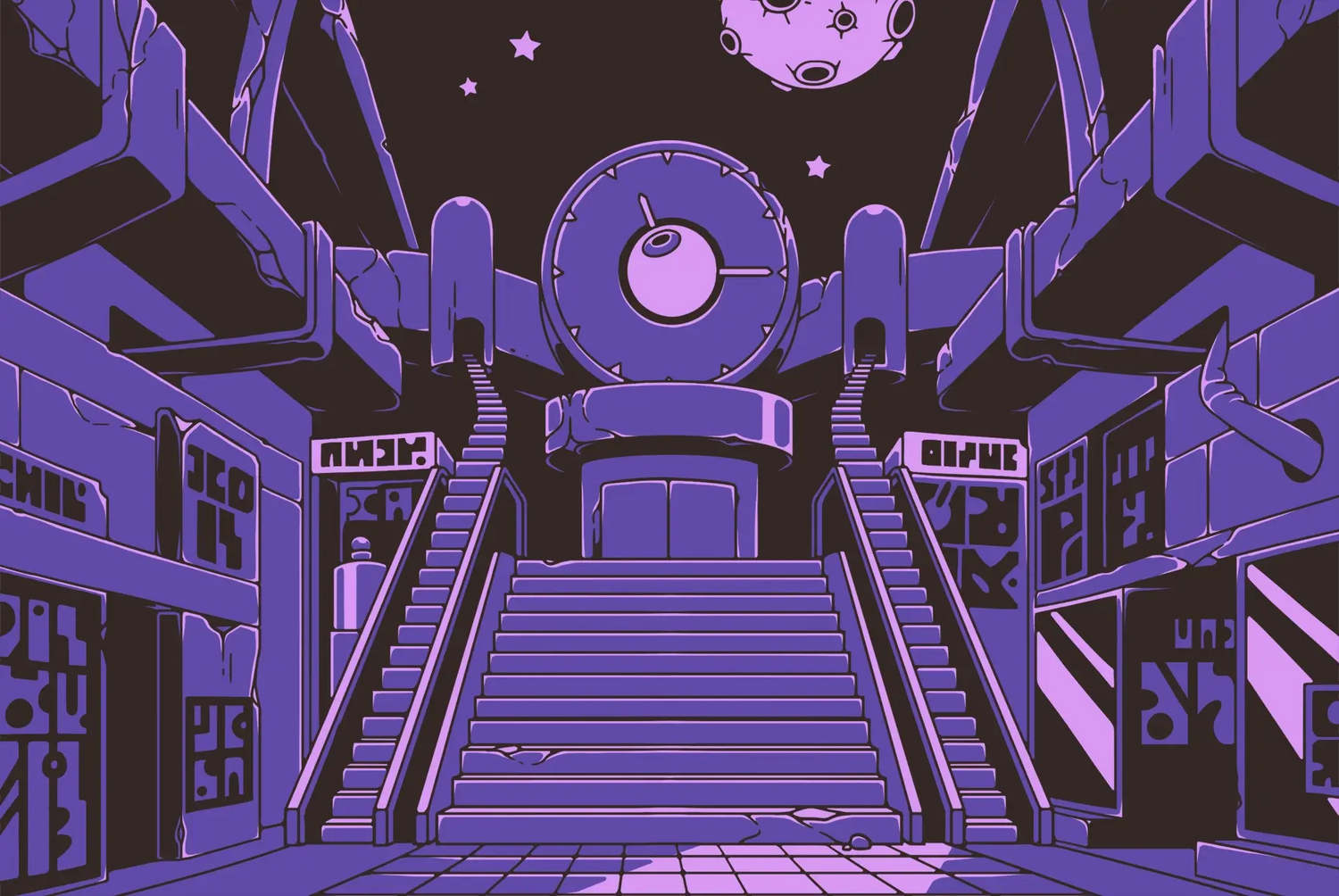 The dark atrium of the Midnight Mall, the setting of Puzzle Punks beginning-of-the-year learning games.