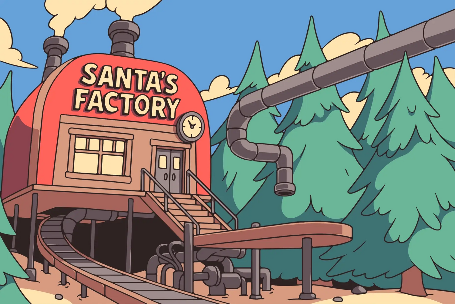 The facade of Santa's wintery factory in a pine forest, the setting of Puzzle Punks Christmas learning games.