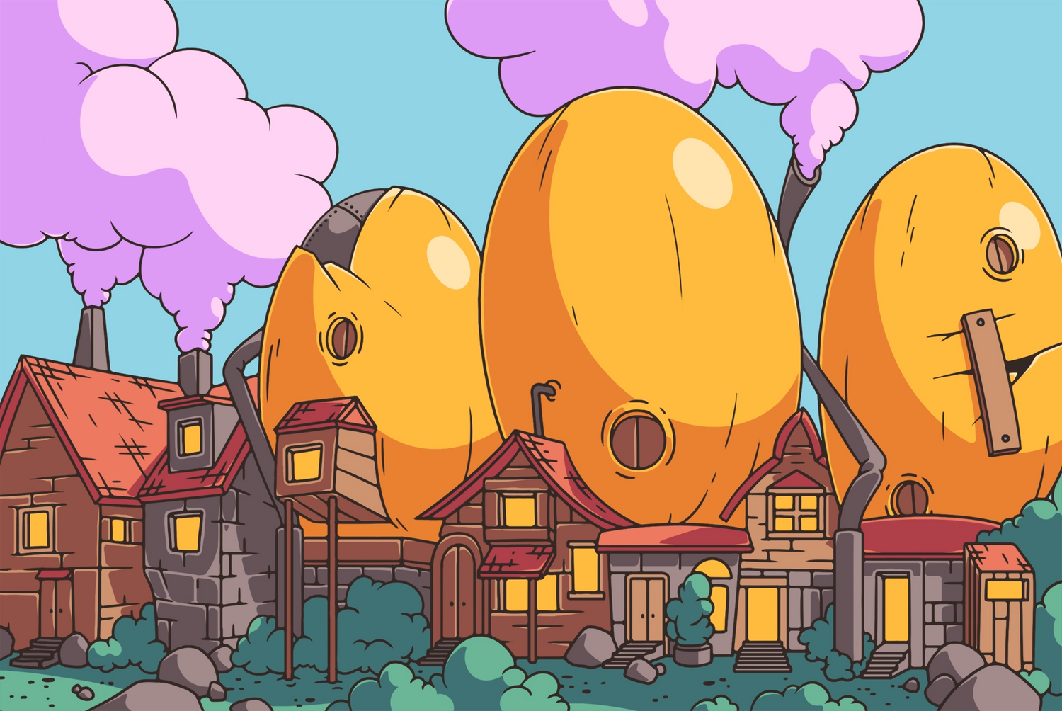 A row of stone and wood houses in Eggworld, the setting of Puzzle Punks Easter learning games.