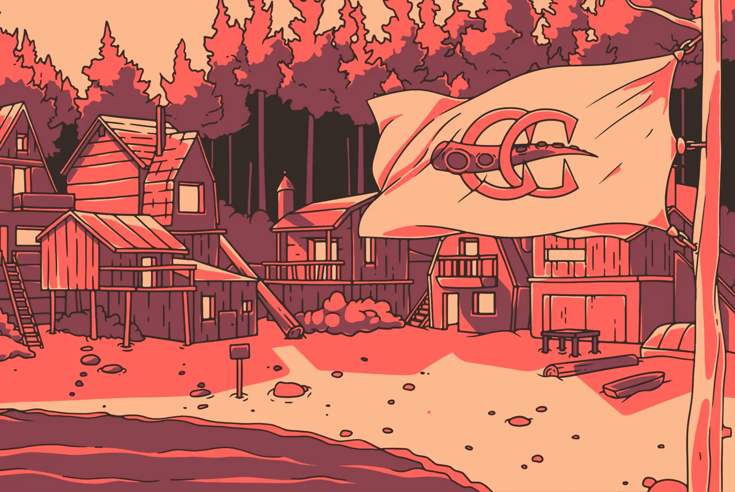A group of ramshackle wooden cabins at Camp Calamari, the beachy setting of Puzzle Punks summer learning games.