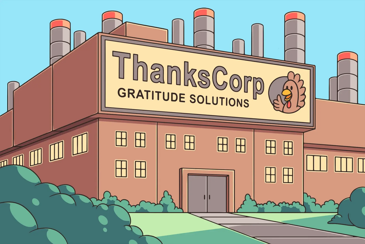 ThanksCorp Gratitude Solutions turkey factory building, the setting of Puzzle Punks Thanksgiving learning games.