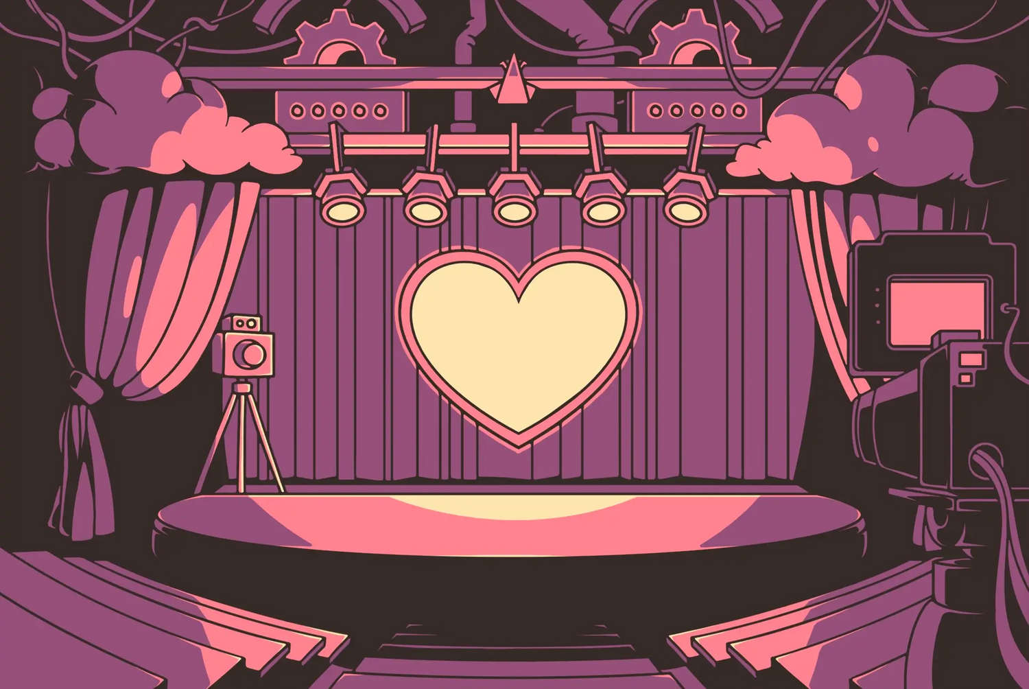 A game show stage with a massive illuminated heart, the cute setting of Puzzle Punks Valentine's Day learning games.