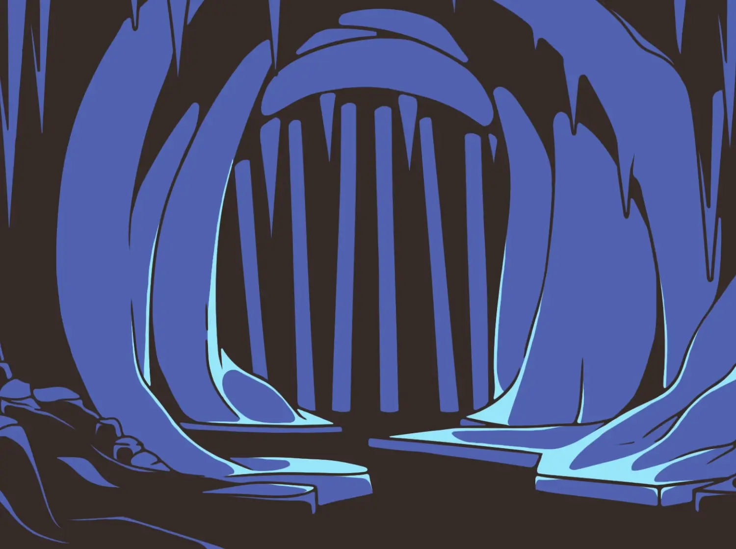 A cavernous ice cave full of sharp stalactites, the chilly setting of Puzzle Punks winter learning games.