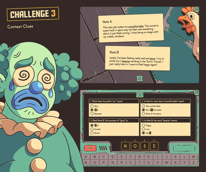 Virtual Halloween context clues activity with a creepy clown, reading comprehension passages, and a 3rd grade quiz.