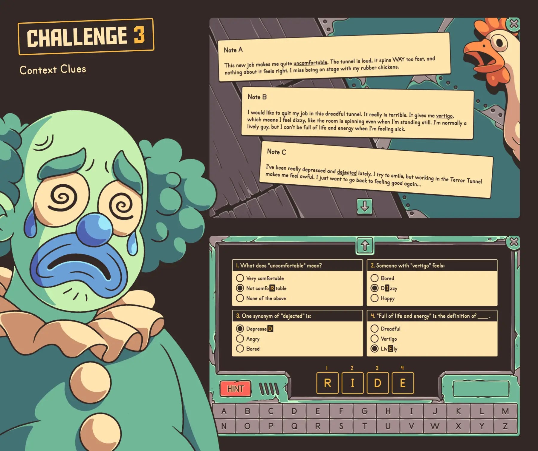 Online fourth grade context clues game for Halloween reading review, with a spooky clown and multiple-choice questions.