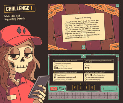 Halloween main idea and supporting details escape room challenge, with a multiple-choice section.