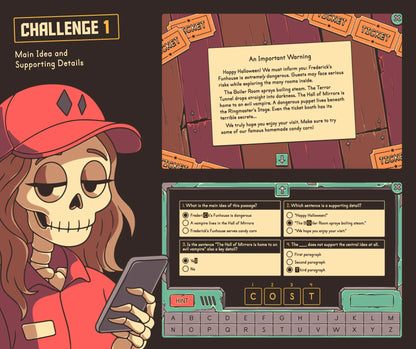 Online main idea and supporting details activity with a scary halloween theme and multiple-choice quiz section.