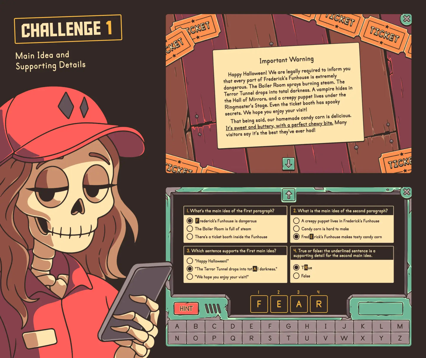 5th grade main idea and supporting details activity with a Halloween reading passage and multiple-choice questions.