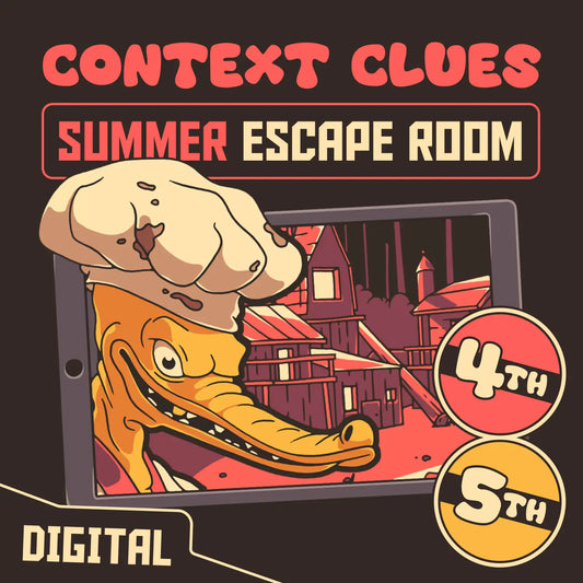 Digital 4th and 5th grade context clues escape room for summer and end-of-year test prep, with the title "Puzzle Punks: Camp Calamari."