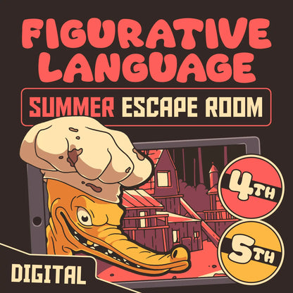 Digital 4th and 5th grade figurative language escape room for summer and end-of-year test prep, with the title "Puzzle Punks: Camp Calamari."