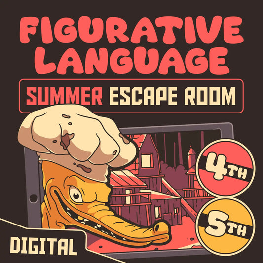 Digital 4th and 5th grade figurative language escape room for summer and end-of-year test prep, with the title "Puzzle Punks: Camp Calamari."