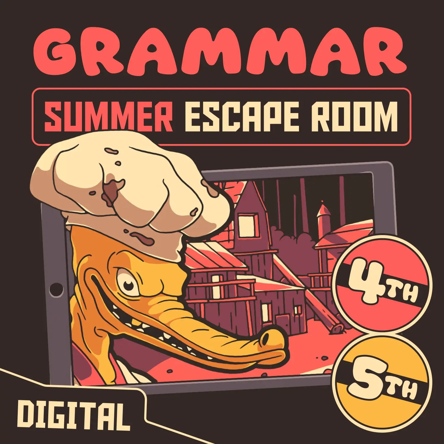 Summer grammar escape room for 4th and 5th grade, titled "Puzzle Punks: Camp Calamari."