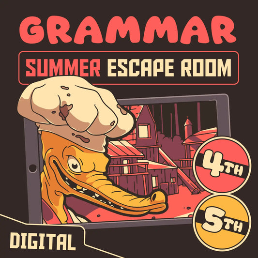 Summer grammar escape room for 4th and 5th grade, titled "Puzzle Punks: Camp Calamari."