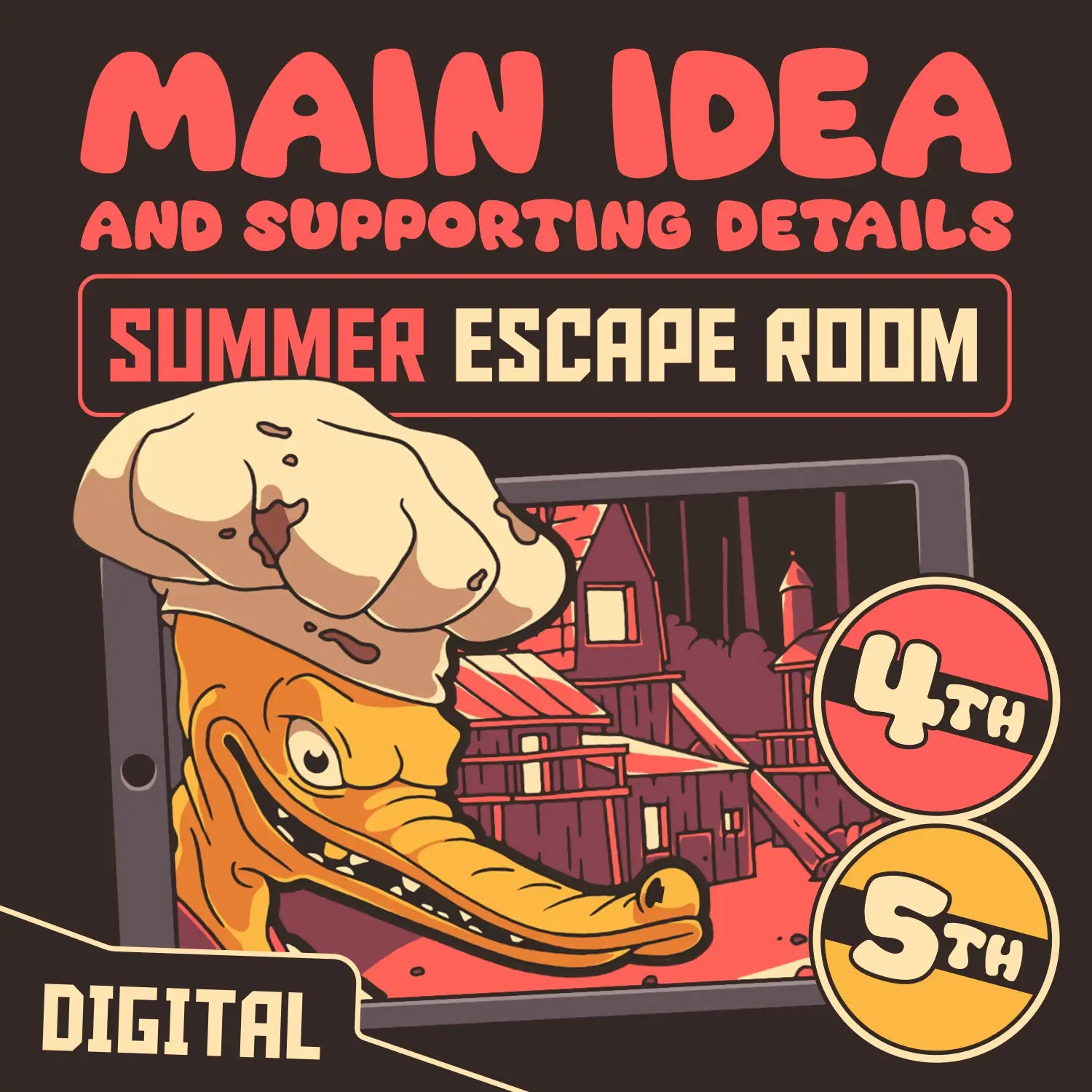 Digital 4th and 5th grade main idea and supporting details escape room for summer and end-of-year test prep, with the title "Puzzle Punks: Camp Calamari."