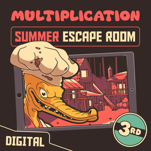 Digital multiplication escape room for 3rd grade with a summer theme, titled "Puzzle Punks: Camp Calamari."