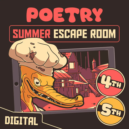 Digital 4th and 5th grade poetry escape room for summer and end-of-year test prep, with the title "Puzzle Punks: Camp Calamari."
