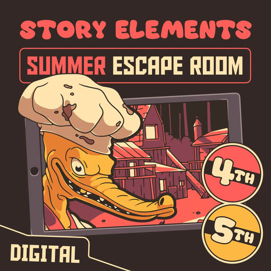 Digital 4th and 5th grade story elements escape room for summer and end-of-year test prep, with the title "Puzzle Punks: Camp Calamari."