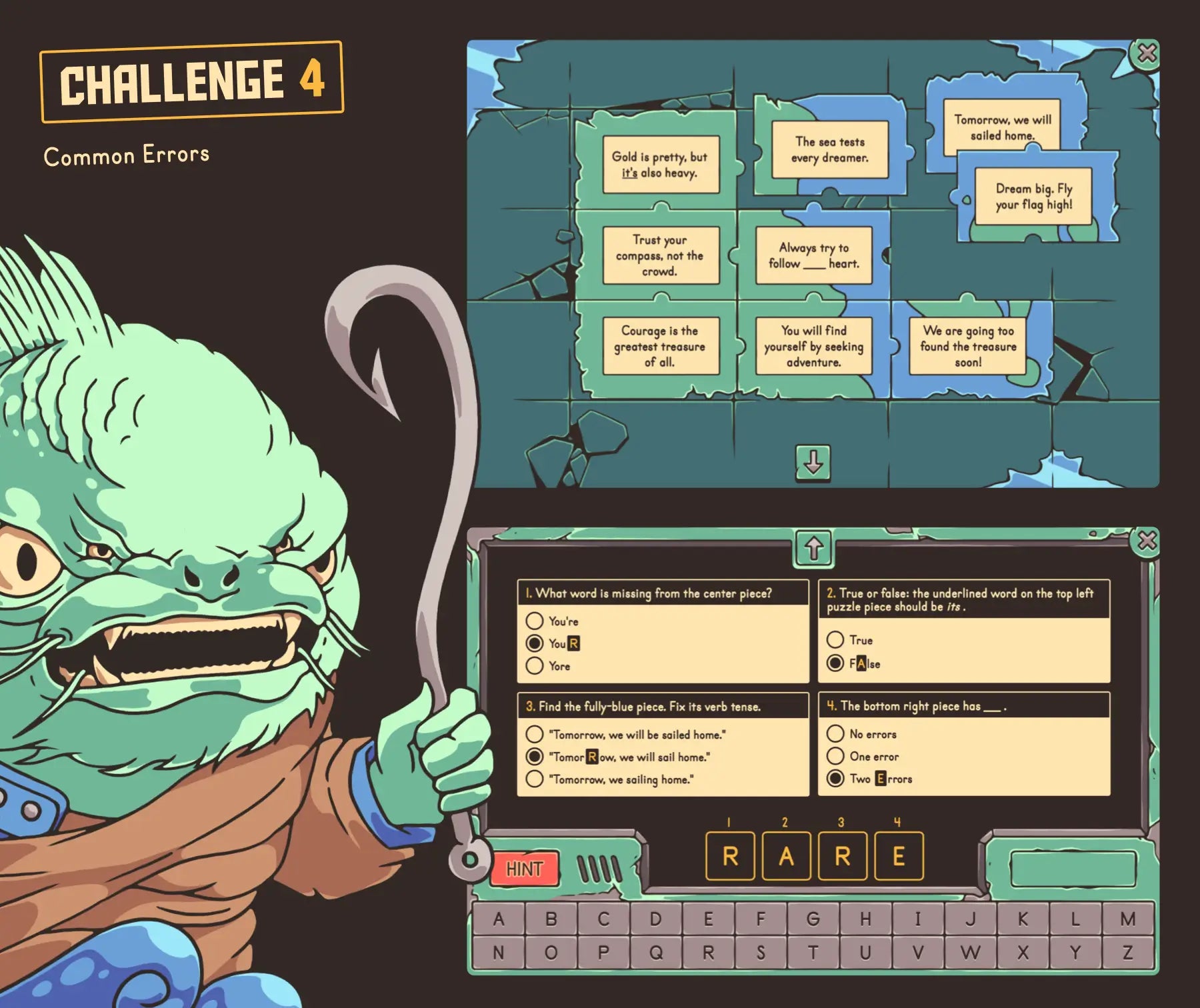 Digital grammar puzzle focused on common errors like commonly-confused words, verb tense, and pronouns.