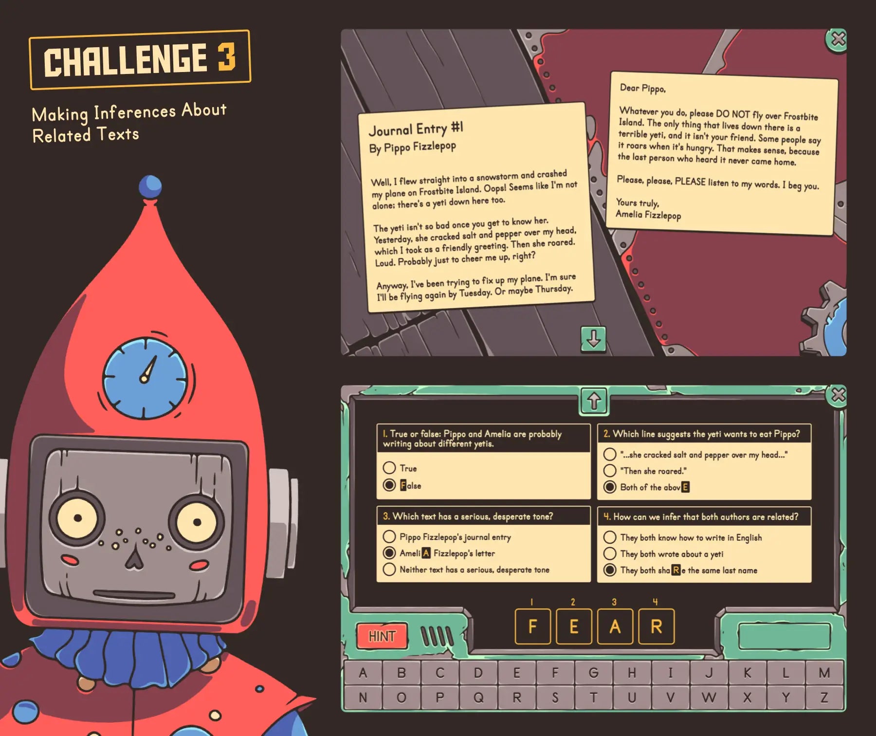 Digital making inferences about related texts escape room activity with a winter theme and multiple-choice section covering various grammar topics.
