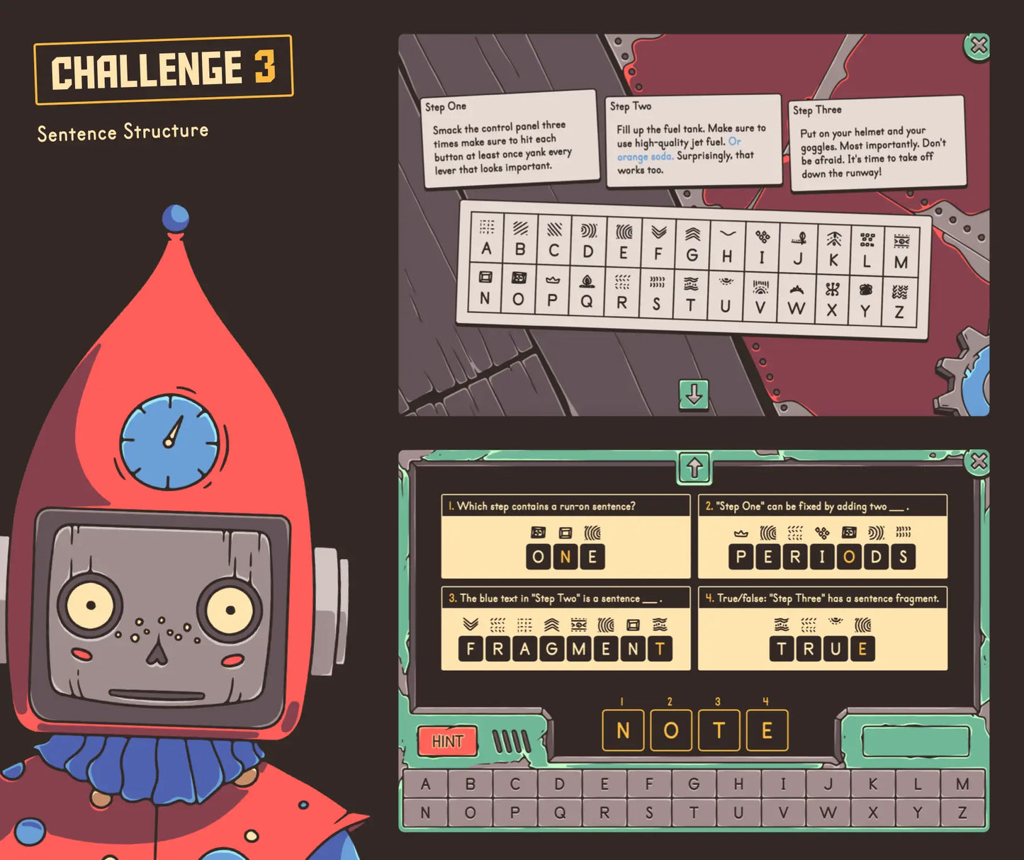Digital sentence structure escape room activity with a winter theme and cryptogram section covering various grammar topics.