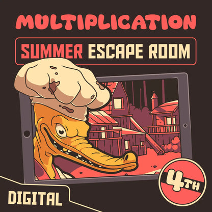 Digital multiplication escape room for 4th grade with a summer theme, titled "Puzzle Punks: Camp Calamari."