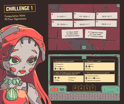 Virtual summer computation with all four operations (PEMDAS) review activity for 5th grade, with a secret code and multiple-choice quiz.