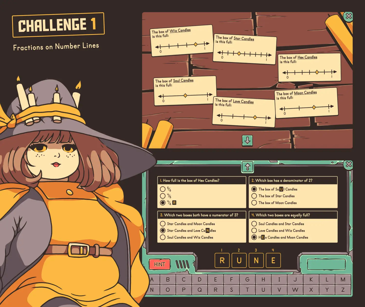 Online fractions activity with a fall theme, containing number lines and multiple-choice questions.