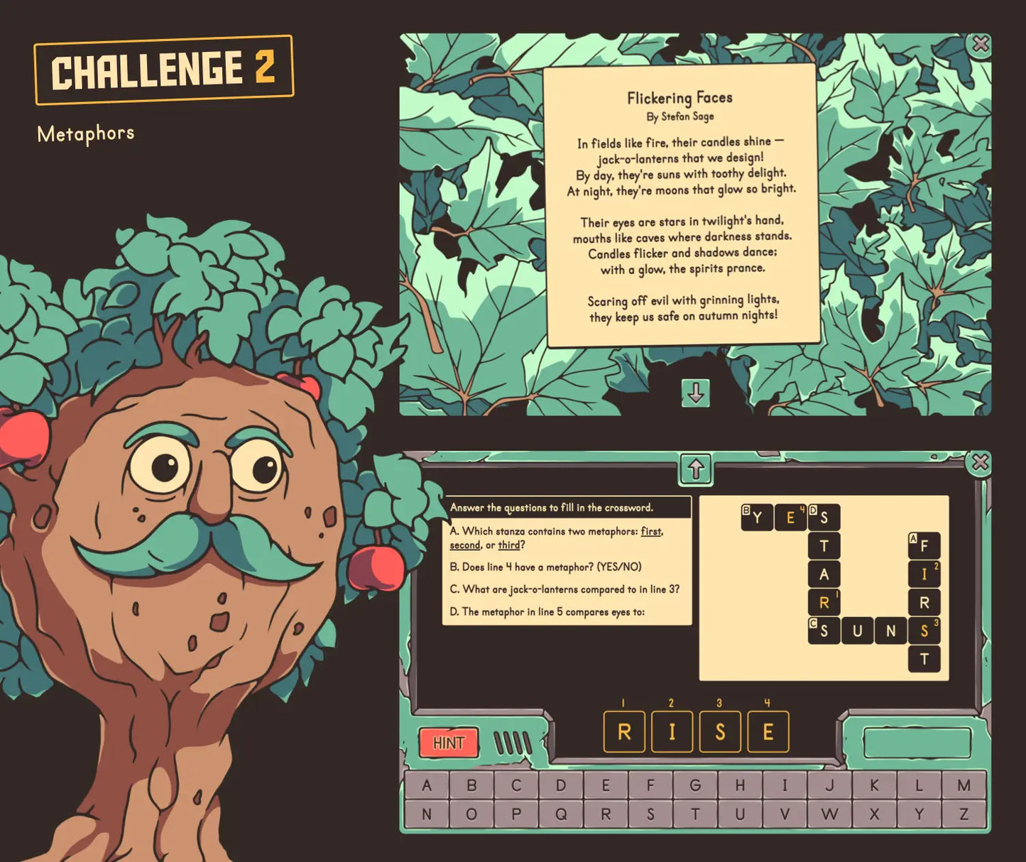 Online metaphors game with a crossword puzzle and an autumn theme.
