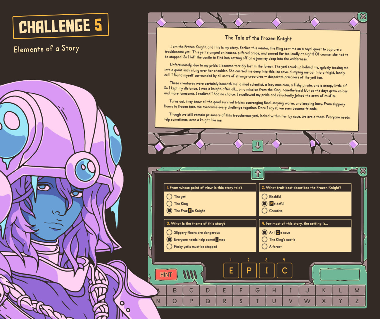 Online story elements reading comprehension passage with a winter theme and multiple-choice quiz.