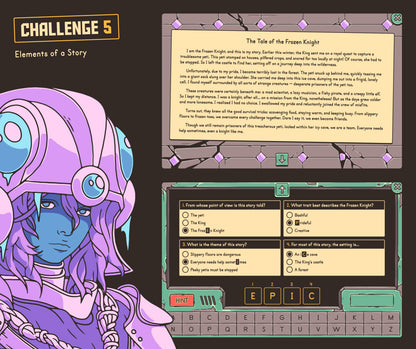 Online story elements reading comprehension passage with a winter theme and multiple-choice quiz.