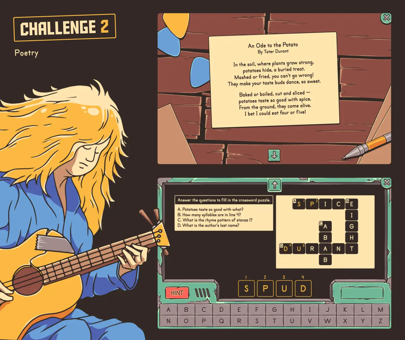 Digital poetry game with a winter theme and crossword puzzle section.