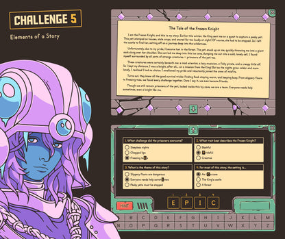 Digital elements of a story game with a holiday-themed short story and multiple-choice answer section.