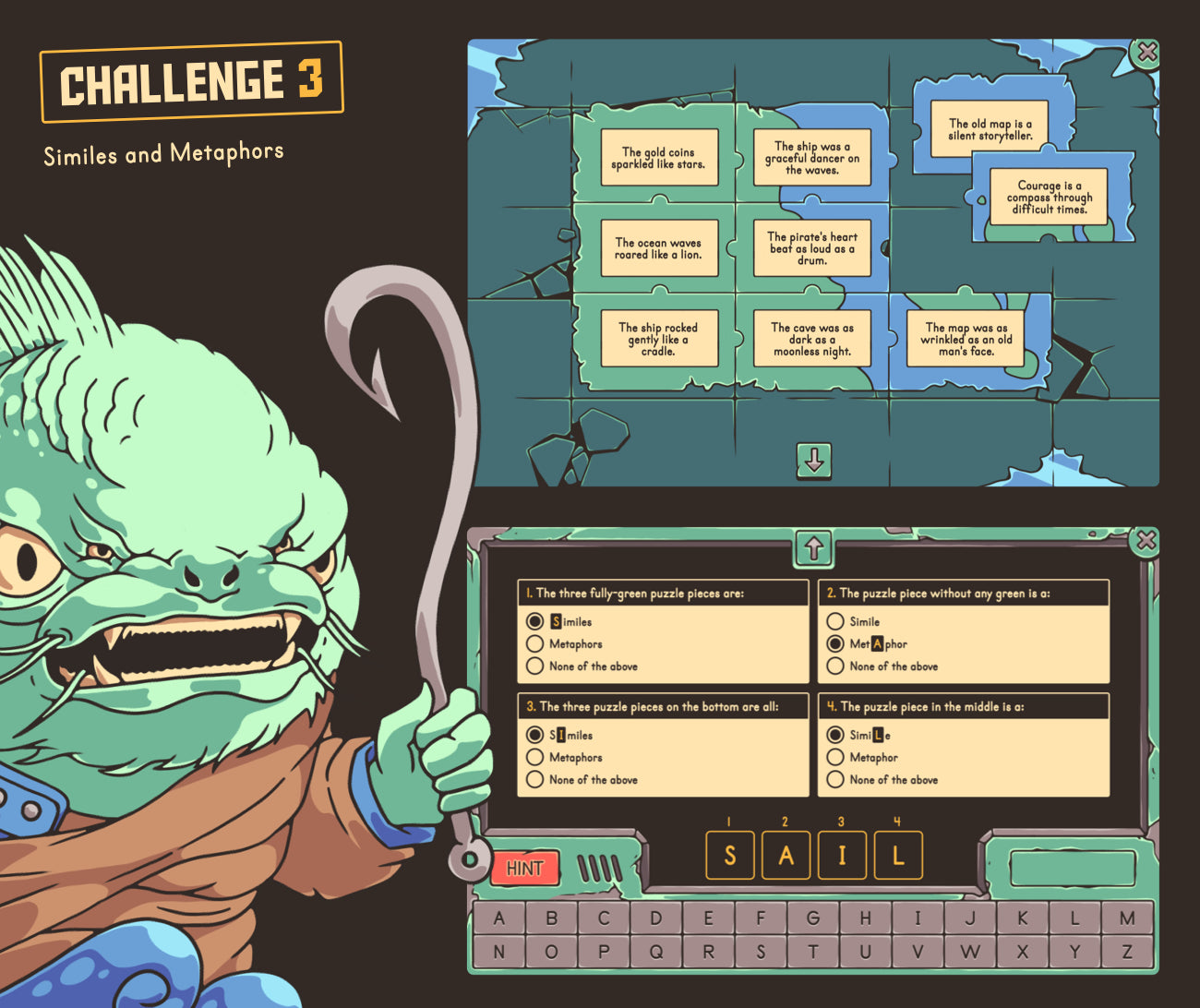 Digital similes and metaphors activity with winter-themed figurative language passages and a multiple-choice quiz.